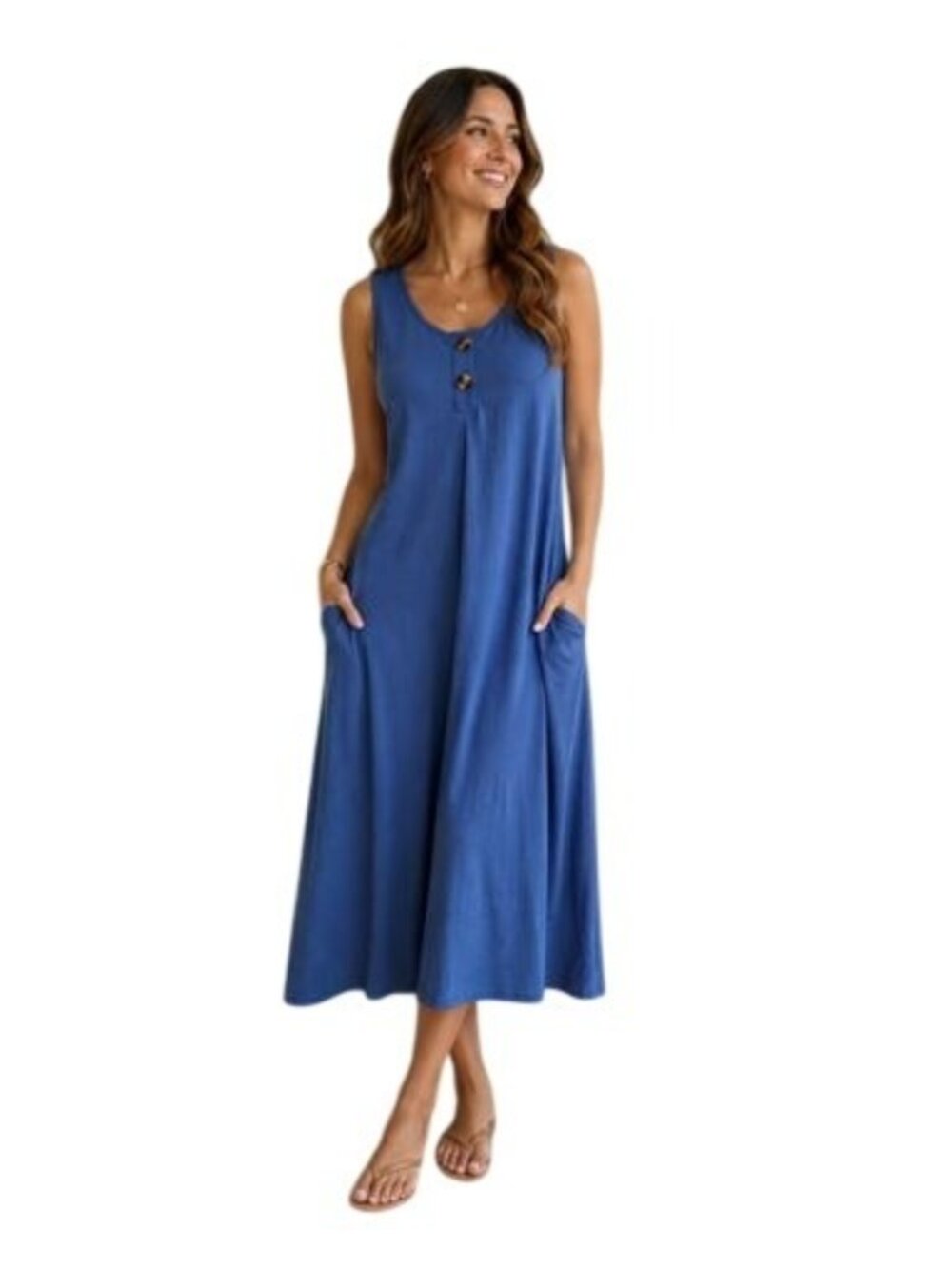 Sleeveless Blue Maxi Dress With Pockets & Button Accents Size 3XL